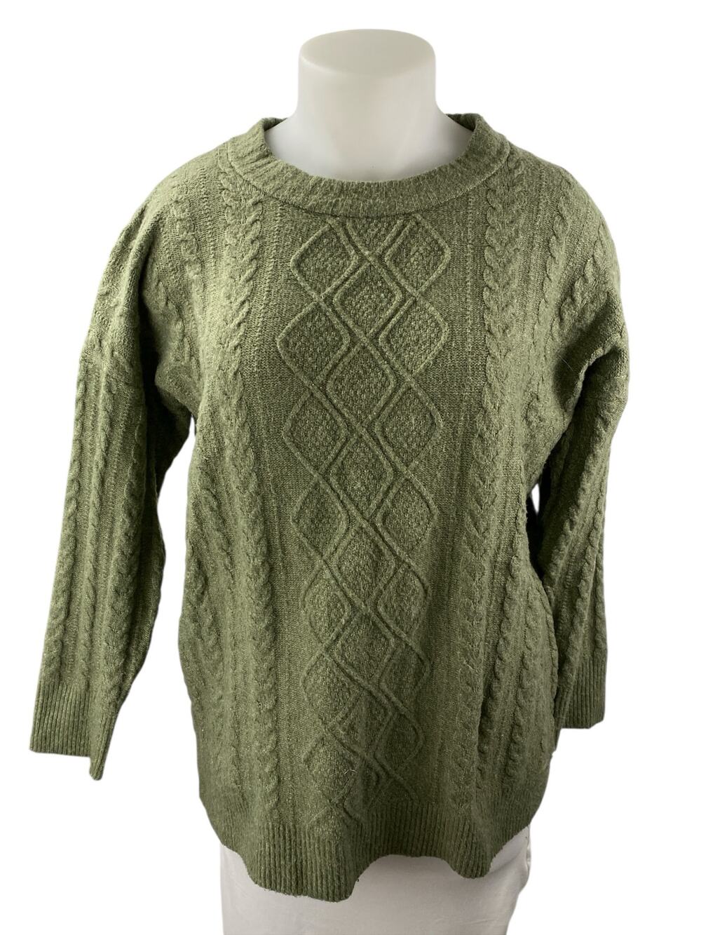 Oak + Meadow Green Cable Knit Crew Neck Long Sleeve Sweatshirt Sweater Top Sz XL